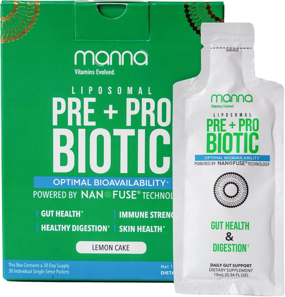 Manna Vitamins Evolved Liposomal Prebiotic + Probiotic Packets – 40 Billion CFU, 8 Strains – Gut, Digestive, Immune Support – High Absorption, Shelf-Stable, Daily Supplement, 30 Single Serves