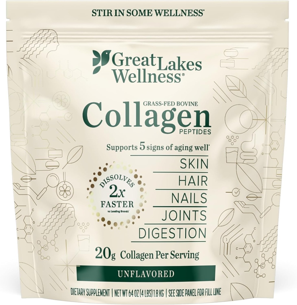 Great Lakes Wellness Collagen Peptides Powder for Skin, Hair, Nails, Joints & Digestion - Unflavored - Quick Dissolve Hydrolyzed, Non-GMO, Keto, Kosher - 4 lb. Value Pouch