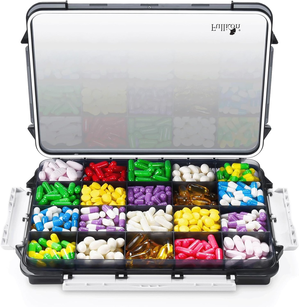 Fullicon Extra Large Pill Organizer with Moisture Proof Design, Travel Jumbo Pill Box with 20 Compartment, Supplement Organizer for Vitamins with 3 Secured Buckles (Black)