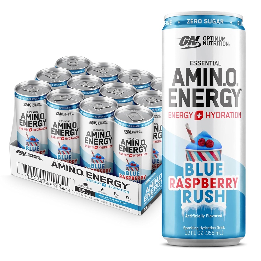 Optimum Nutrition Amino Energy Sparkling Hydration Drink, Electrolytes, Caffeine, Amino Acids, BCAAs, Sugar Free, NEW Blue Raspberry Rush, 12 Fl Oz, 12 Pack (Packaging May Vary)