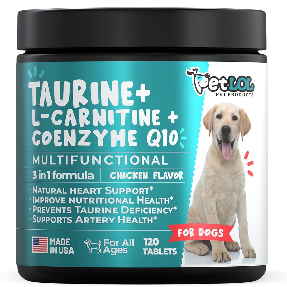 Taurine Supplement for Dogs with L-Carnitine & CoQ10 | Heart Support Formula for Healthy Heart Function, Cardiovascular Support & Overall Wellness, Chicken Flavor Tablets,120 Count