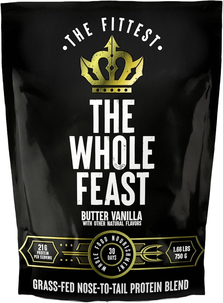 The Fittest Whole Feast Beef Protein Powder - Butter Vanilla - Grass Fed Nose to Tail Carnivore Blend Including Liver, Colostrum and Whole Bone - BCAAs - 14g Collagen - 21g Total Protein