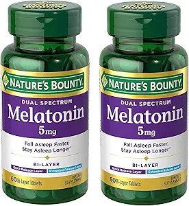 Nature's Bounty Melatonin 5mg Dual Spectrum, 100% Drug Free Sleep Supplement, Quick Release and Extended Release, Promotes Relaxation and Sleep Health, 60 Bi-Layer Tablets (Pack of 2)