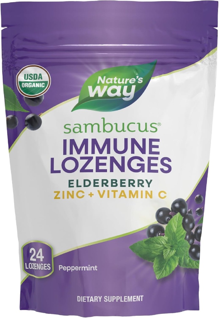 Nature’s Way Sambucus Zinc Lozenges with Elderberry and Vitamin C, Peppermint Flavored, 24 Lozenges