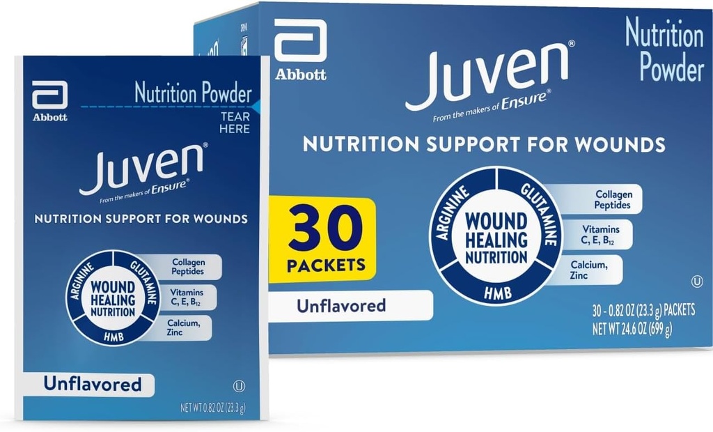 Juven Therapeutic Nutrition Drink Powder Including Collagen Peptides, Amino Acids, and HMB For Wound Healing Support, Unflavored, 30 Packets