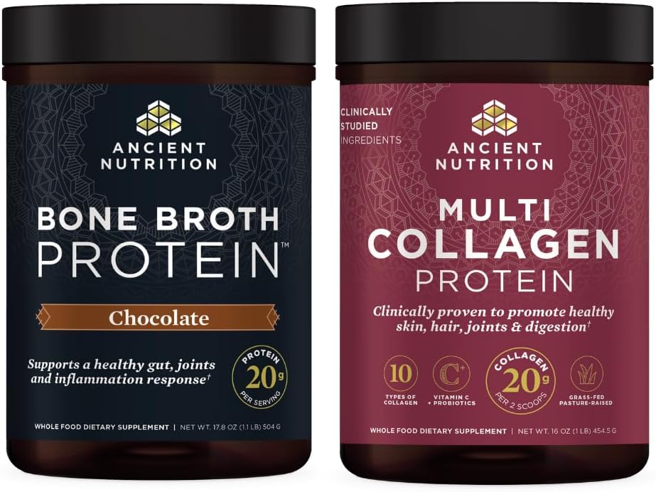 Ancient Nutrition Multi Collagen Protein Powder, Unflavored, 45 Servings + Bone Broth Protein Powder, Chocolate, 20 Servings