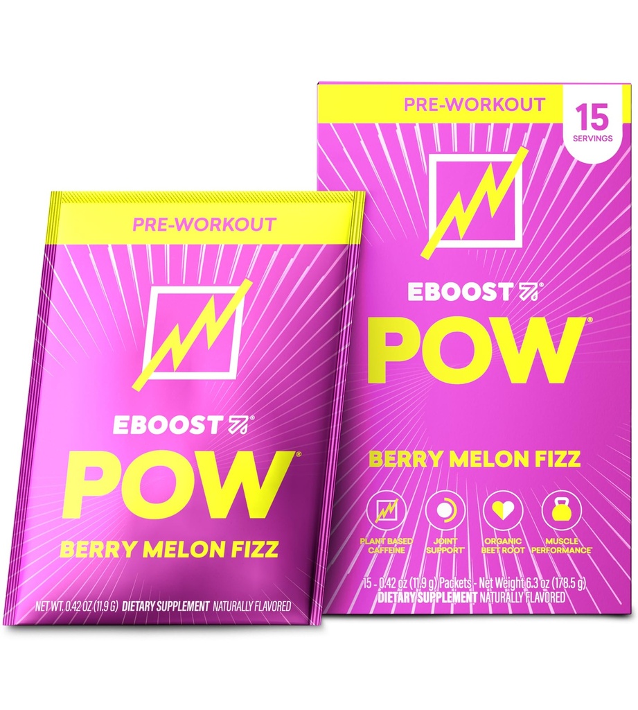 EBOOST POW Natural Pre Workout Powder - 15 Packets, Berry Melon Fizz - Preworkout Energy Booster Gym Supplement Drink Mix for Men and Women - Performance, Joint Mobility Support - Gluten-Free