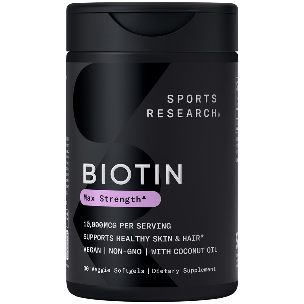 Sports Research® Biotin 10,000mcg with Organic Coconut Oil - Biotin (Vitamin B7) for Healthy Skin and Hair Support* - for Women and Men - Vegan, Non-GMO, Gluten & Soy-Free - 30 Veggie Softgels