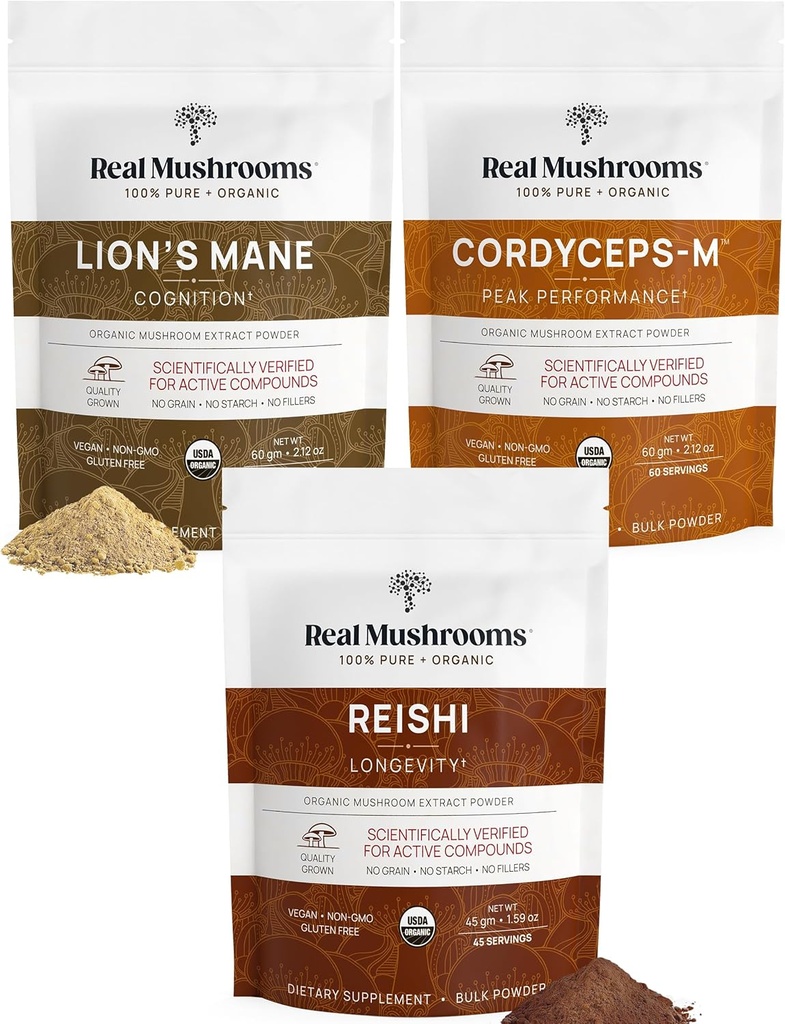 Real Mushrooms Peak Performance Bundle - Lion's Mane + Reishi + Cordyceps-M Certified Organic Mushroom Powders for Vitality, Immunity & Longevity