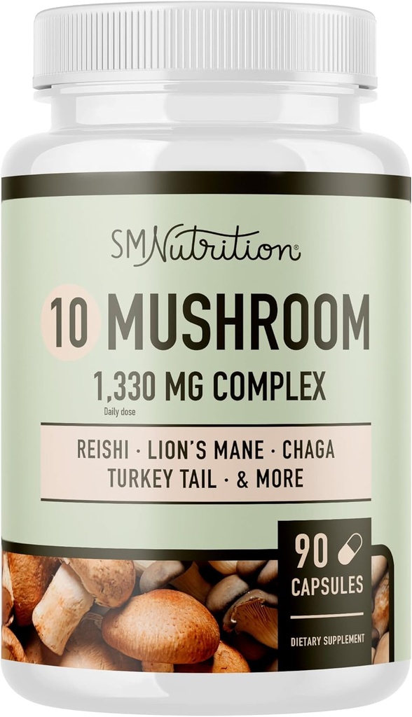 10 Mushroom Complex Supplement | 1300+ MG Blend with Lions Mane, Turkey Tail, Cordyceps, Reishi, Shiitake, Maitake, Chaga & White Button Mushroom | Immune & Adaptogen Support | 90 C