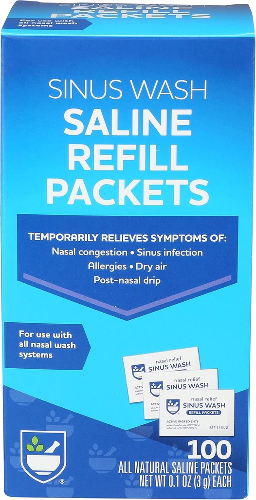 Rite Aid Sinus Wash Refill Kit, Individually Wrapped Saline Packets - 100 Count | Nasal/Allergy Relief Saline Solution for Neti Pots | Nasal Rinse
