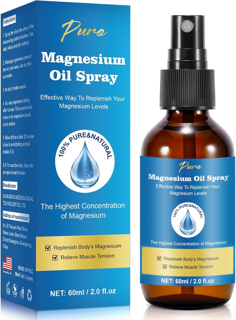 Pure Magnesium Oil Spray,Magnesium Spray,Magnesium Oil for Feet, Magnesium Glass Bottle,2 fl oz/60ml, Easy to Absorb and Use
