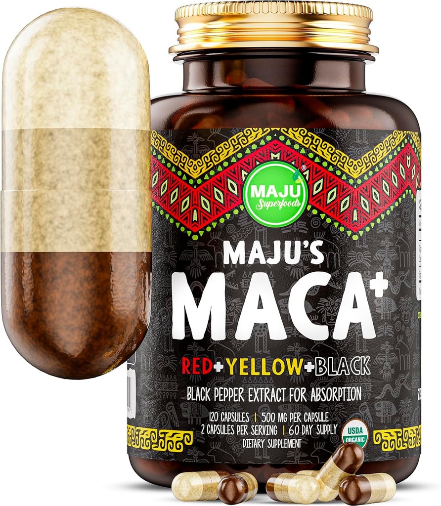 Maju Superfoods 4-in-1 Maca Root Capsules, Organic Black, Yellow & Red Roots w Black Pepper Extract for Absorption (120 ct) | Peru Product, Peruvian Powder, Men & Women Supplement, 60,000 mg