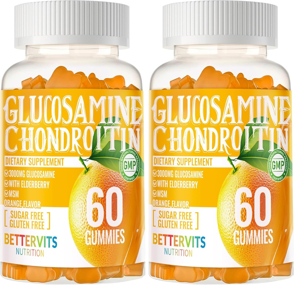 Glucosamine Chondroitin Gummies with MSM & Elderberry Extra Strength - Joint Support, Antioxidant Immune Support Supplement for Adults, Men & Women120 Orange Gummies