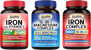 10 in 1 Magnesium Complex & Iron Supplement, 65mg Carbonyl Iron with 250mg Vitamin C & 5 in 1 Iron Complex