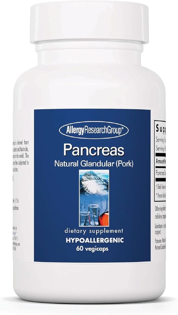 Allergy Research Group Pancreas Pork Supplement - Pancreas Natural Glandular, 425mg Pancreatic Enzymes, Digestive Enzymes Amylase, Protease - 60 Count