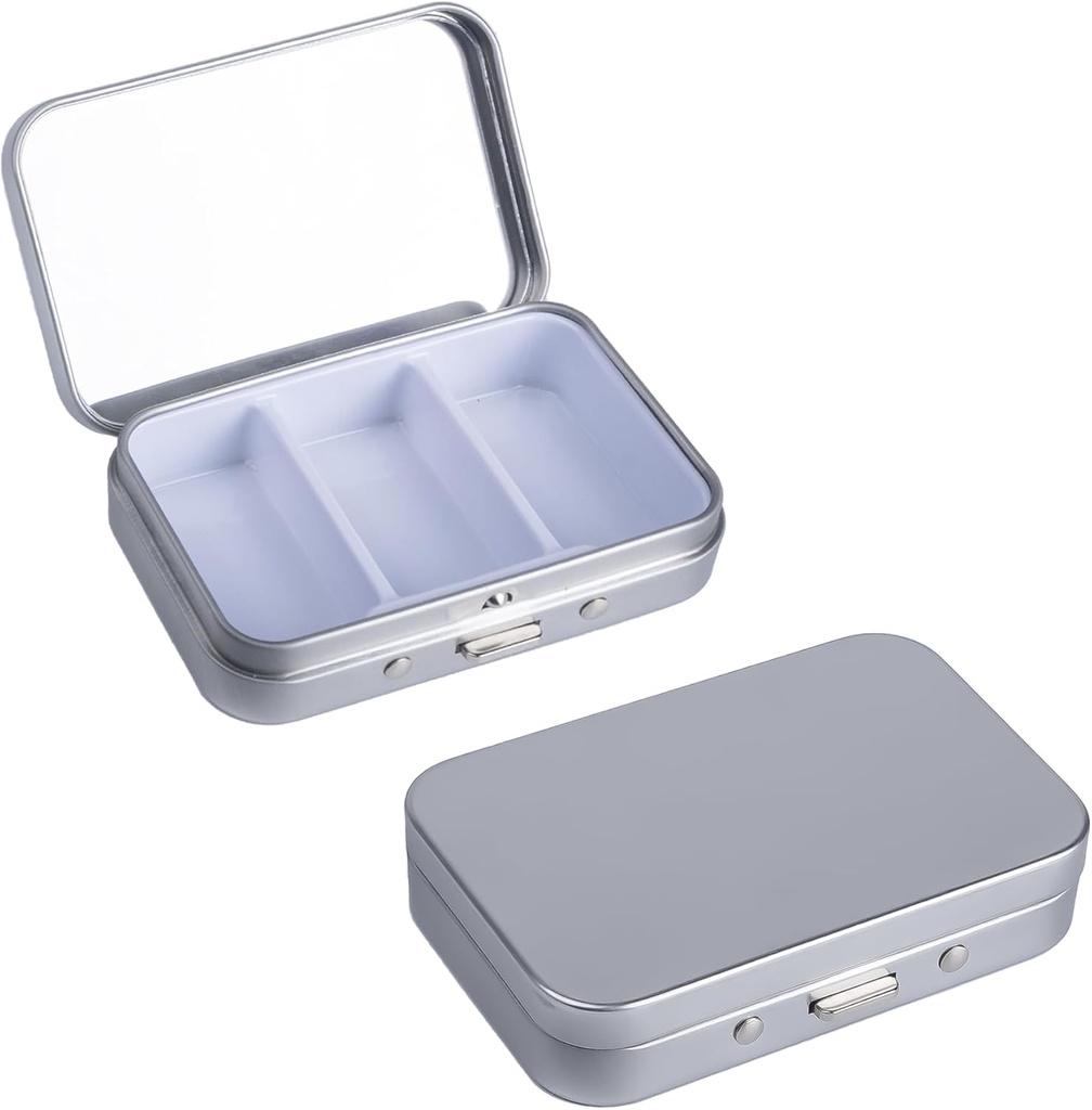 2Pack Pill Box 3 Compartment Pill Case,Portable Metal Travel Pill Box with Mirror for Medicine, Vitamins,Fish Oil and Supplements,Portable Pill Box for Pocket or Purse(Silver)