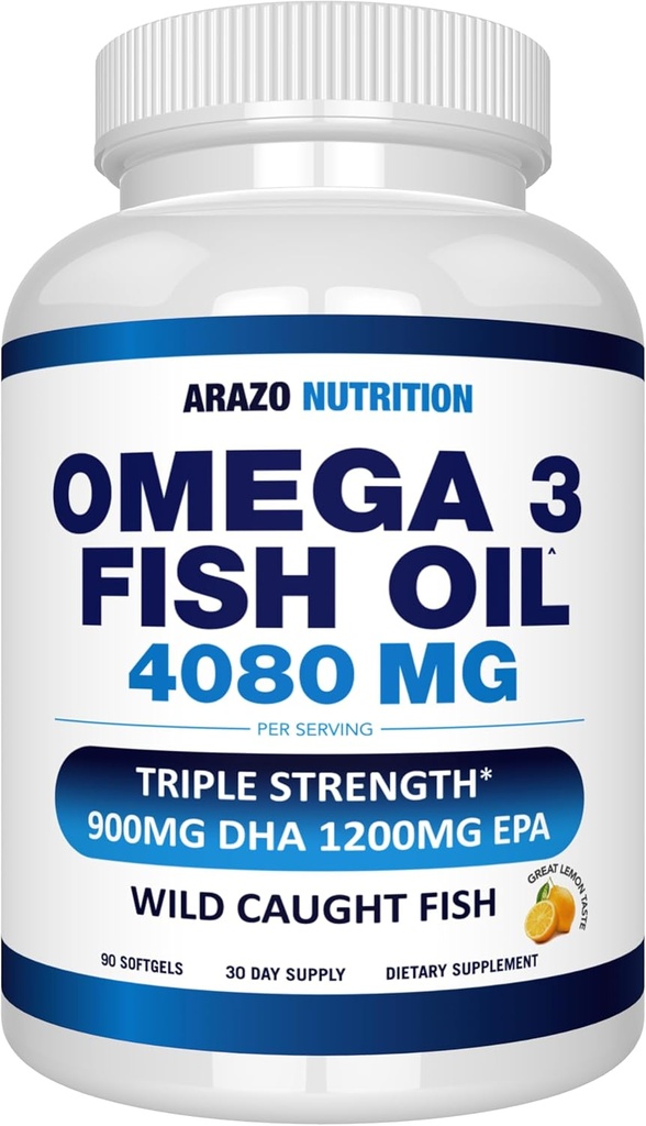 Arazo Nutrition Wild Caught Omega 3 Fish Oil – 90 Soft Gels – 4,080mg High EPA 1200mg DHA 900mg Lemon Flavor Burpless Softgels