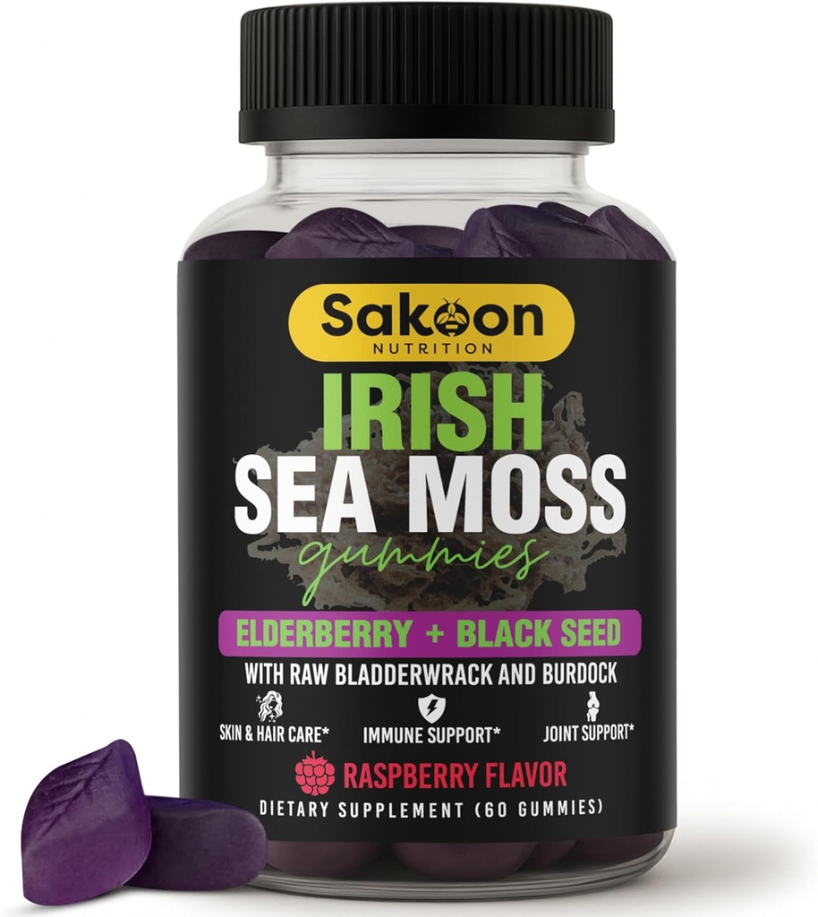 Irish Sea Moss Gummies with Elderberry & Black Seed Oil - Overall Wellness Support | Rich in Vitamins, Raspberry Flavor | 60 Gummies
