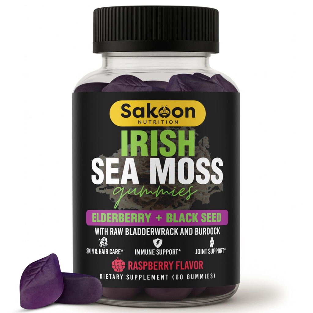 Sakoon nutrition Irish Sea Moss Gummies with Elderberry & Black Seed Oil - Overall Wellness Support | Rich in Vitamins, Raspberry Flavor | 60 Gummies