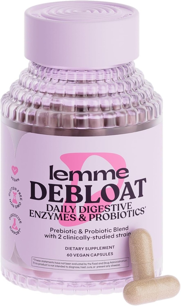 Lemme Debloat 3-in-1 Prebiotic, Probiotic & Digestive Enzyme Capsules for Bloating & Gas Relief - 2 Clinically Studied Probiotics w/5 Digestive Enzymes to Improve Digestion, Women & Men, (60 Count)