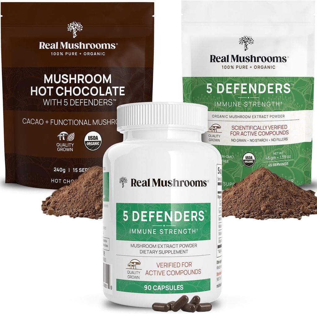 Real Mushrooms Hot Chocolate Mix (15srv), 5 Defenders Extract Powder (45srv), & 5 Defenders Supplements (90ct) Bundle to Support Immunity & Overall Wellbeing - Gluten-Free, Non-GMO, Vegan