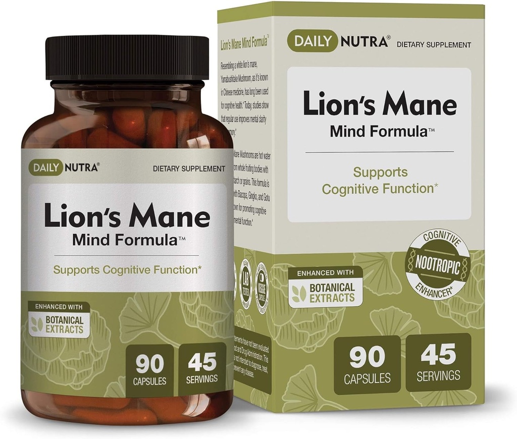 DailyNutra Lion’s Mane Mind Formula - Nootropic Supplement for Cognitive Brain Health | Organic Mushroom Extract with Bacopa, Gingko, and Gota Kola (90 Capsules)