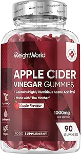 WeightWorld Apple Cider Vinegar Gummies with The Mother 1000mg - 90 Gummies - Added Vitamin B6, B12, B9 (Folic Acid) & C for Detox, Cleanse, Digestion & Metabolism - Delicious Natural Apple Flavor