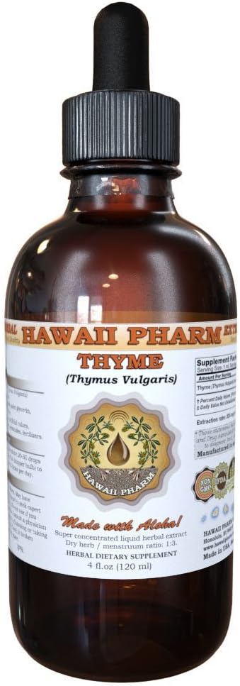 Thyme Liquid Extract, Organic Thyme (Thymus Vulgaris) Tincture, Herbal Supplement, Hawaii Pharm, Made in USA, 4 fl.oz