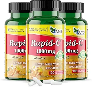 America Medic & Science Rapid-C 1000mg Vitamin C Supplement (3 Pack of 100 Tablets) Energy Booster, Daily Immune System Support, Antioxidant | Vegan, Non-GMO Coated Ascorbic Acid for Adult Men & Women