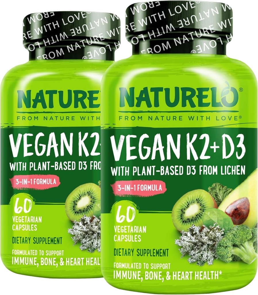 NATURELO Vitamin D3 K2 - Vegan K2+D3 with Plant Based D3 from Lichen - Natural D3 Supplement for Immune System, Bone Support, Heart Health - Whole Food - Non-GMO - Gluten Free, 60 Capsules (Pack of 2)