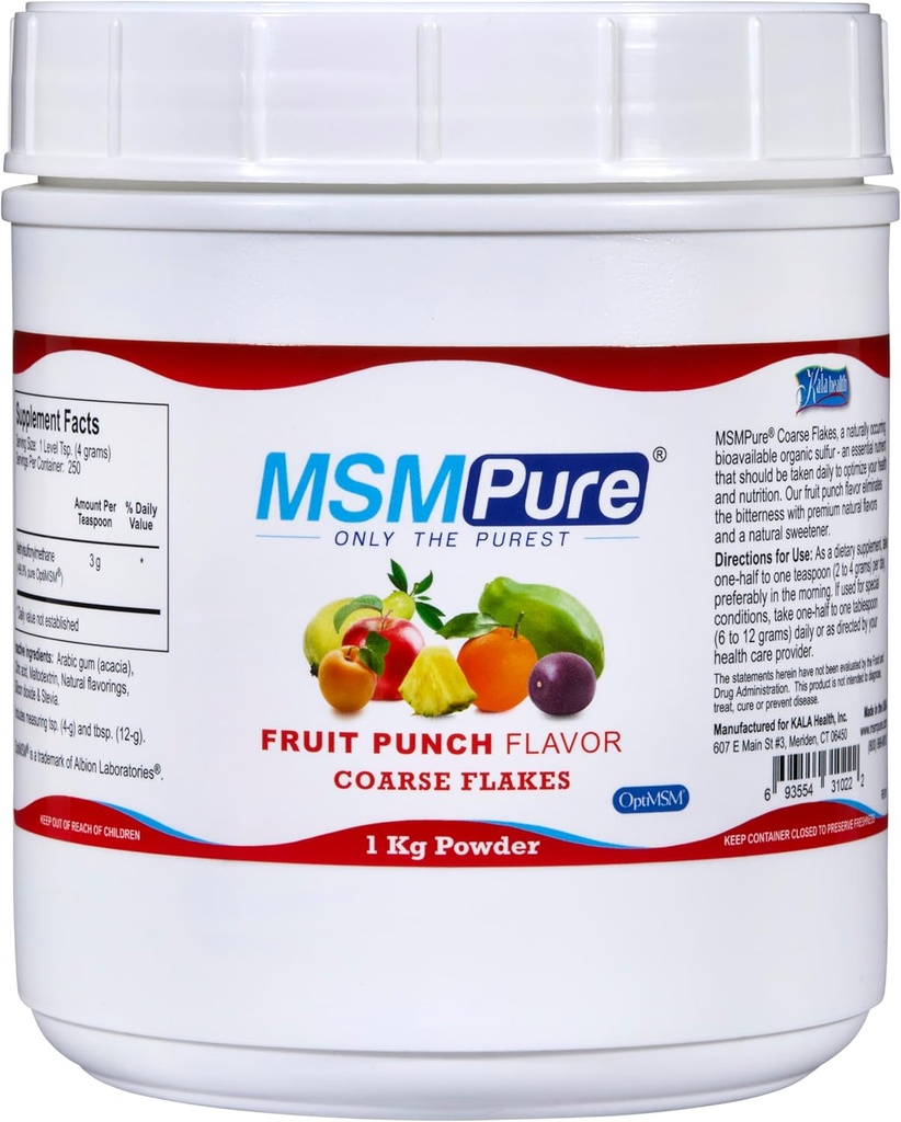 KALA HEALTH MSMPure Fruit Punch Flavored Coarse MSM Powder Flakes – US-Made MSM for Joint Health, Skin Appearance, and Hair & Nail Support – 2.2 lb, Organic Sulfur