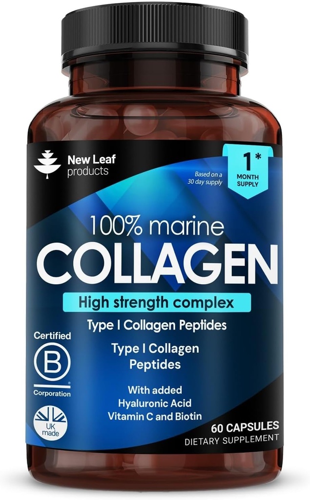 Pure Marine Collagen 100% Marine Collagen Type 1 1300mg - Hydrolysed Collagen Peptides Enhanced with Hyaluronic Acid & Vitamin C, High Strength Collagen Supplements for Women and Men, 60 Tablets