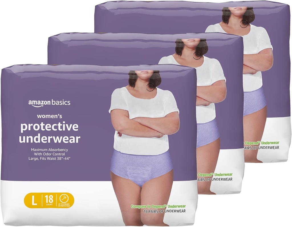   Basics Incontinence Underwear for Women, Protective, Disposable, Postpartum, Maximum Absorbency, Large, Lavender, 54 Count (3 Packs of 18)