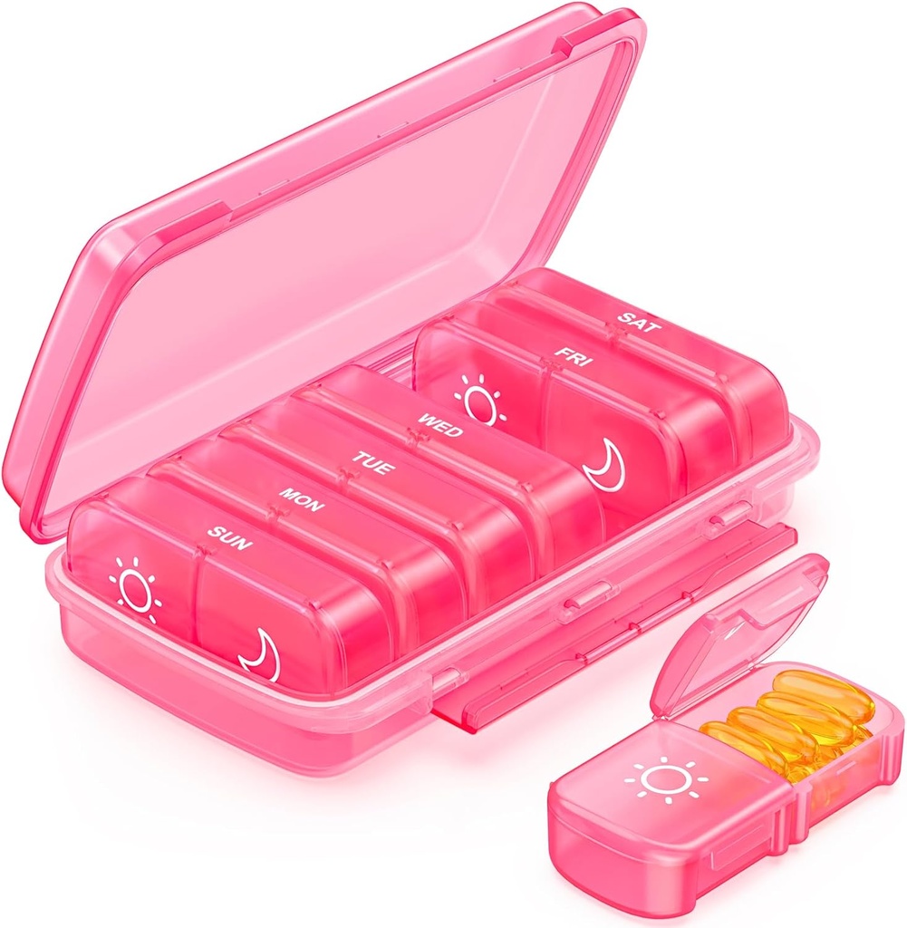 Weekly Pill Organizer 2 Times a Day with Moisture-resistant Design, Pink AM PM Pill Box 7 Day for Easy Filling, Portable Pill Case for Travel, Large Pill Holder for Vitamin, Fish Oil, Supplement