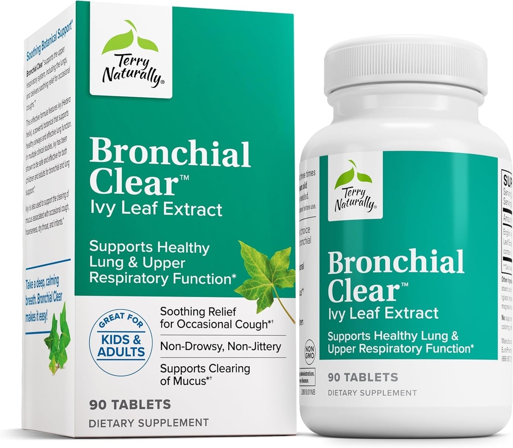 Terry Naturally Bronchial Clear - 90 Tablets - Soothing Lung & Upper Respiratory Function Support Supplement, Non-Drowsy, Non-Jittery - Non-GMO, Gluten-Free - 90 Servings