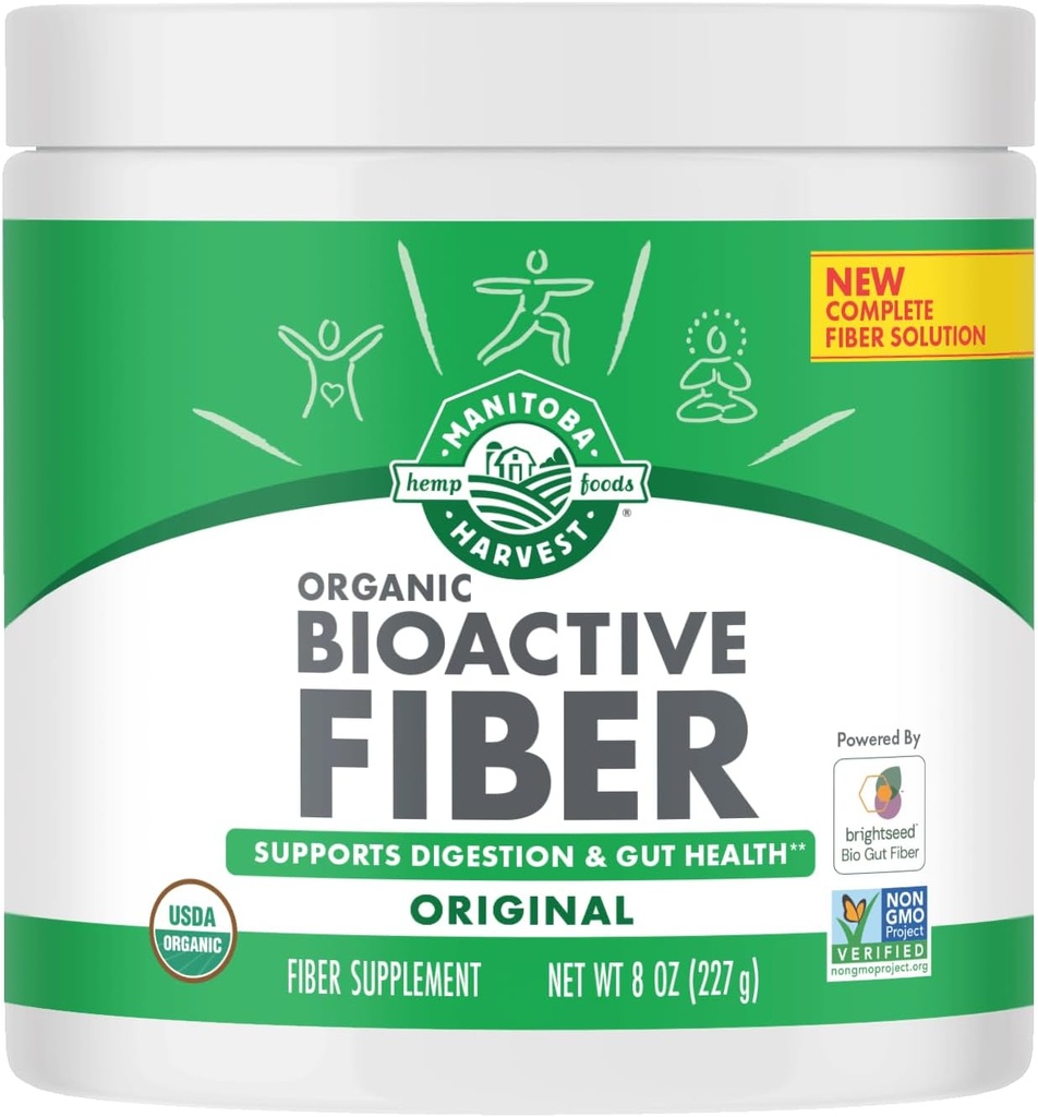 Manitoba Harvest Organic BioActive Fiber Supplement with 6g Fiber per Serving, Digestive Hemp & Psyllium Husk Powder, Non-GMO, Vegan & Kosher, 8oz