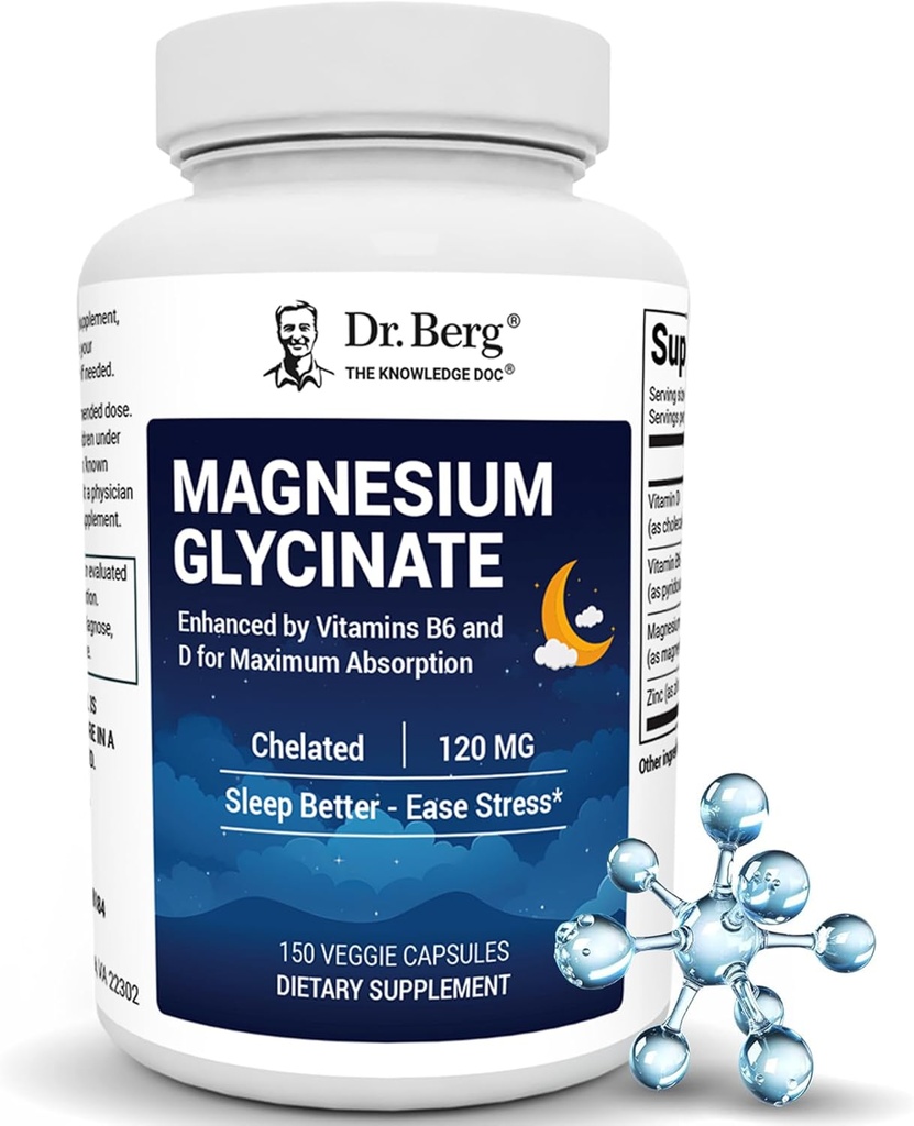 Dr. Berg Maximum Strength 4-in-1 Chelated Magnesium Glycinate with Clean, Potent & Pure Ingredients | 4X Lab-Tested & Verified | USA Formulated Magnesium Supplement Capsules | 150 Capsules