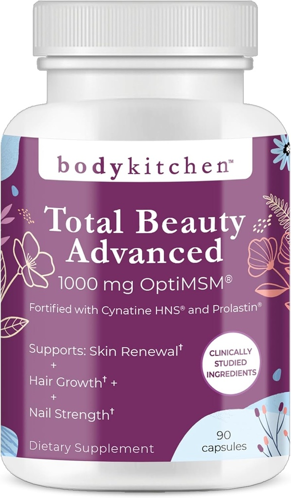 Body Kitchen Total Beauty Advanced, Contains Elastin, Keratin, Biotin and Hyaluronic Acid, Supports Hair Growth, Skin Renewal, Nail Strength, Veggie Caps, 90 Count