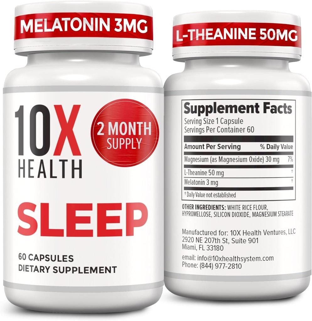 10X Health Sleep Supplements for Adults - 60 Capsules - Melatonin 3mg, L Theanine, Magnesium Supplement, Magnesium Oxide for Deep, Better Rest & Relaxation - 3-in-1 Natural Sleep Support