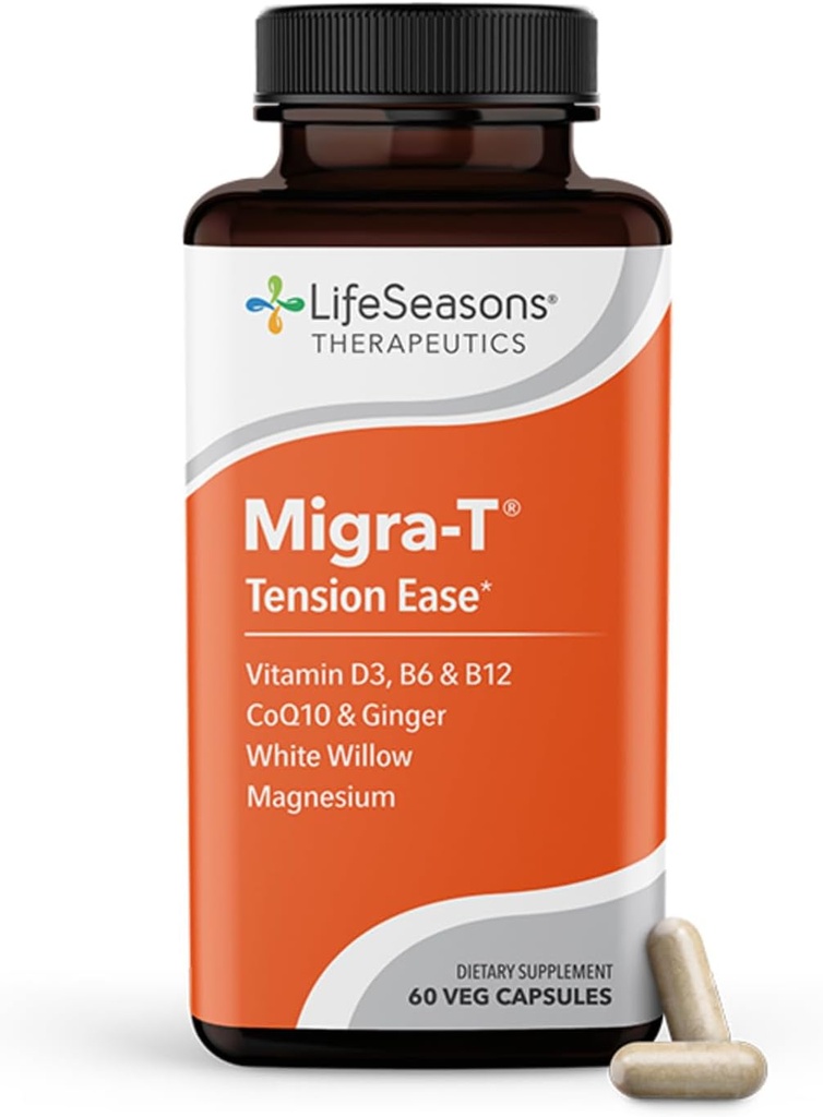 LifeSeasons Migra-T with Relieve-R PM - Migraine Prevention & Relief Supplement - Supports Severe Headaches - Reduces Light Sound & Odor Sensitivity - Feverfew, White Willow, Magnesium Ginger & CoQ10