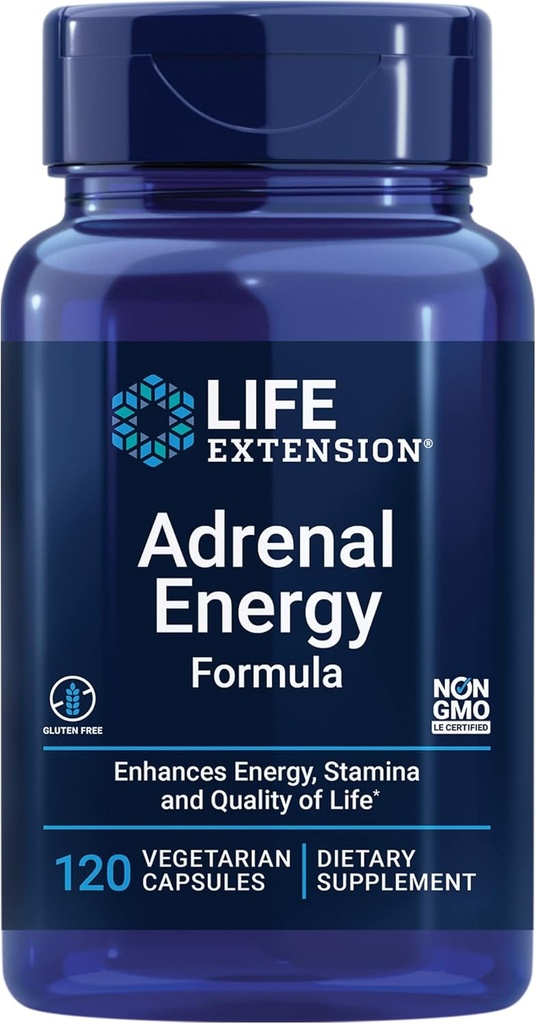 Life Extension Adrenal Energy Formula, Helps inhibit The Effects of Stress, holy Basil, cordyceps, bacopa and ashwagandha, Gluten Free, Non-GMO, Vegetarian, 120 Capsules