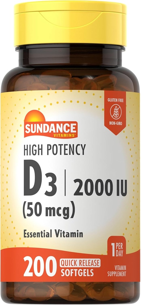 Sundance High Potency D3 2000 IU | 200 Quick Release Softgels | Essential Vitamin Formula | Non-GMO and Gluten Free Supplement