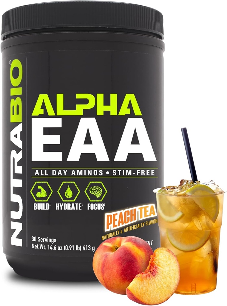 NutraBio Alpha EAA - All-Day Amino Acids for Muscle Growth and Hydration - Essential Amino Acids with Nootropics & Adaptogens- Full Spectrum EAA BCAA Powder - 30 Servings - Peach Tea