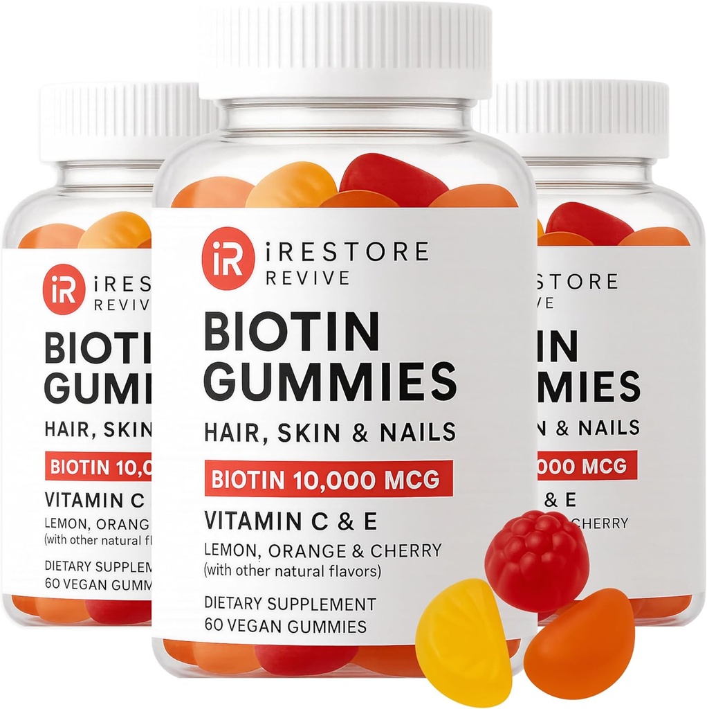 iRestore Hair Gummy Vitamins, Vegan Biotin Gummies for Hair Skin and Nails, Hair Growth Gummies for Women & Men, Biotin 10,000mcg, 3PK