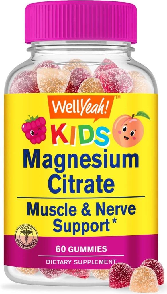 WellYeah Magnesium Citrate Gummies for Kids - Chewable Stress Relief Supplement for Children - Natural Calm, Mood Support, Non-GMO, Gluten Free - Natural Sourced Flavors - 60 Gummies