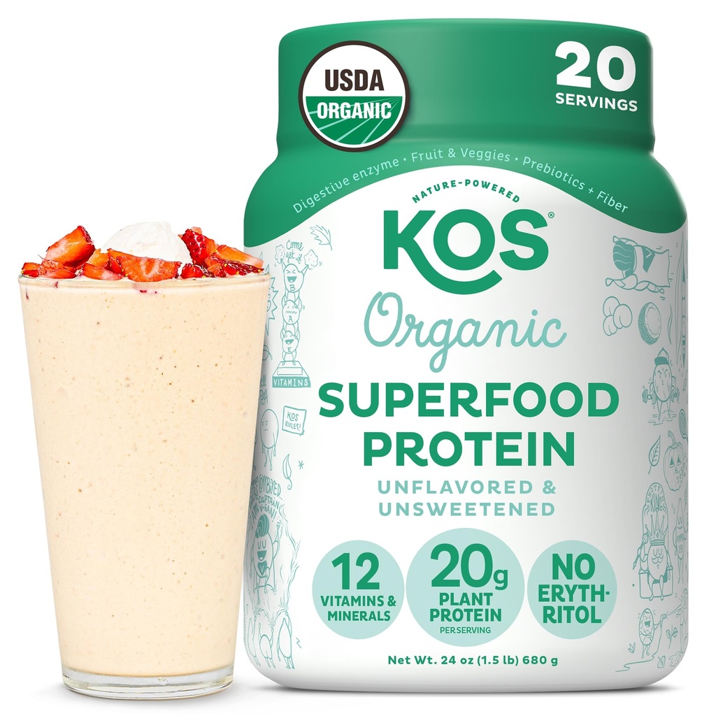 KOS Vegan Protein Powder, Unflavored & Unsweetened - Low Carb Pea Protein Blend, Organic Superfood Rich in Vitamins & Minerals - Keto, Soy, Dairy Free - Meal Replacement for Women & Men - 20 Servings