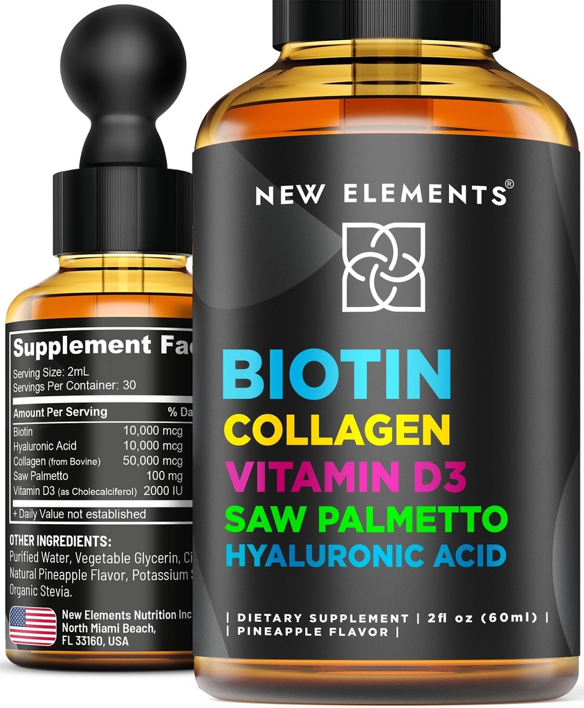 Liquid Biotin for Hair Growth Women & Men 10000mcg | Biotin and Collagen Supplements with Saw Palmetto & Hyaluronic Acid | Biotin Drops for Hair Growth with Vitamin D3 for Hair Skin and Nails