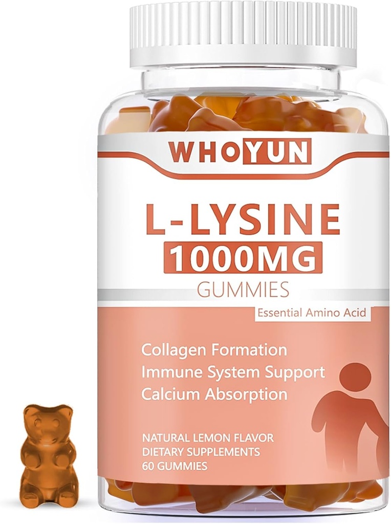 L-Lysine 1000mg Gummies, Chewable Lysine Supplement for Adults, Immune Support, Collagen Formation Support, Lemon Flavor, 60 Count