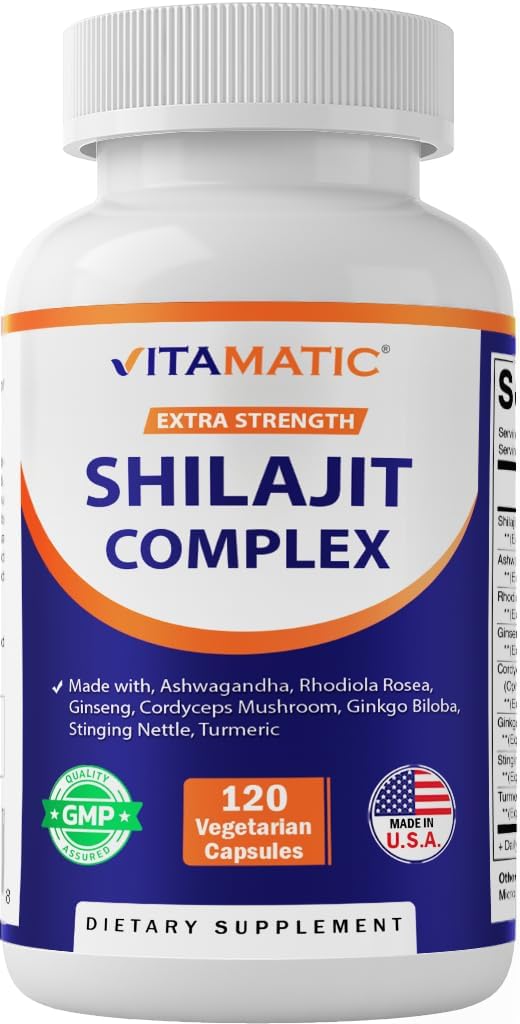 Vitamatic Shilajit Complex Capsules, Made with Ashwagandha, Rhodiola, Ginseng, Cordyceps, Ginkgo, Nettle, Turmeric - 120 Veggie Capsules - Extra Strength Shilajit Extract for Men & Women